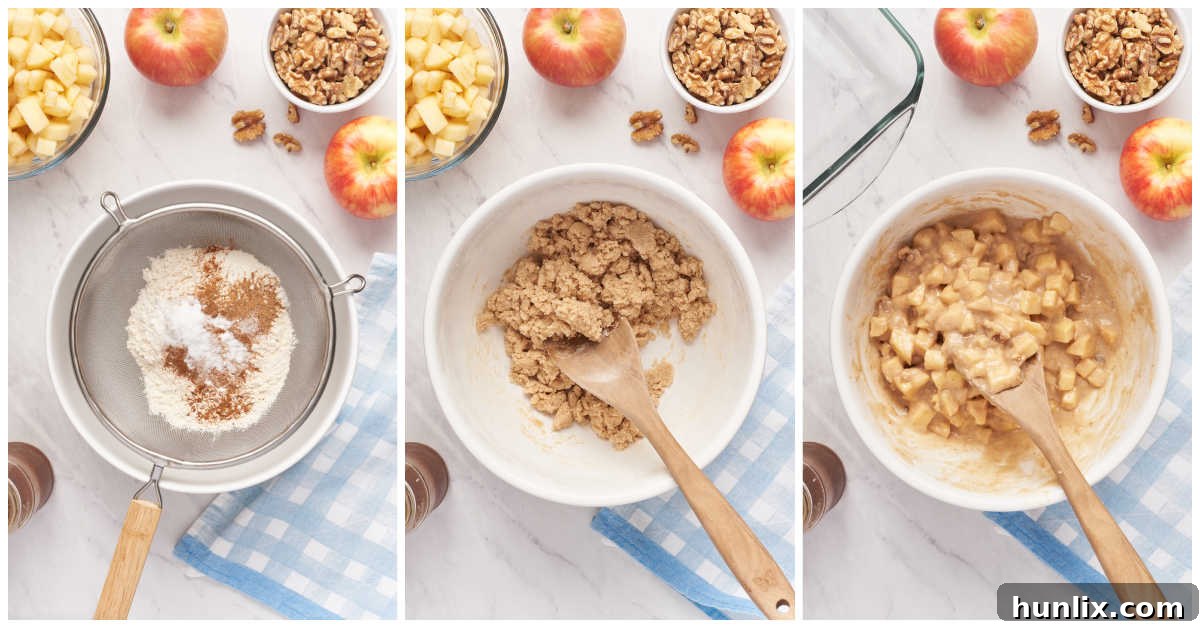 Combining dry ingredients, apples, walnuts, milk, and vanilla into the cake batter.