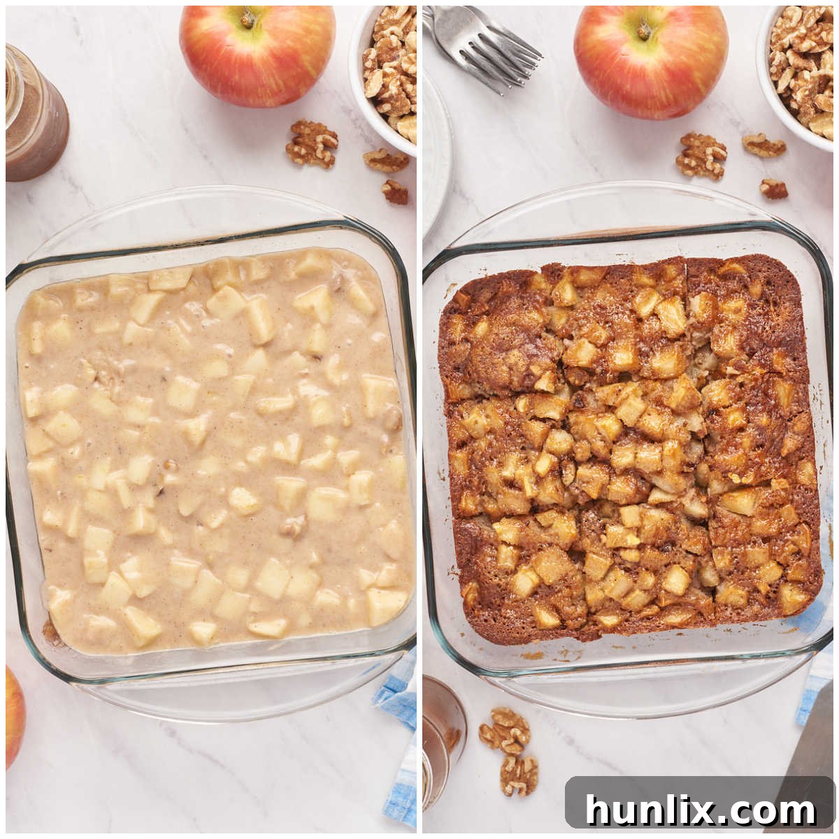 A freshly baked Nobby Apple Cake, cooling in the pan after being removed from the oven.