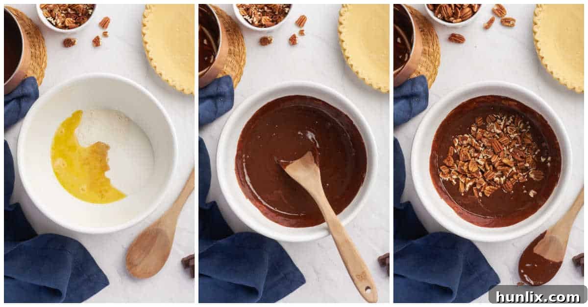 Decadent Chocolate Pecan Pie 5 A collage demonstrating the mixing of ingredients for the chocolate pecan pie filling in a bowl.