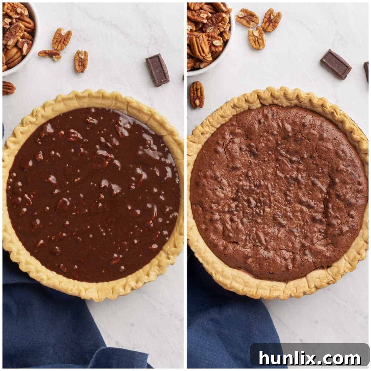 Decadent Chocolate Pecan Pie 6 A collage showing the pie being prepared and baked, from pouring the filling to the finished golden-brown pie.