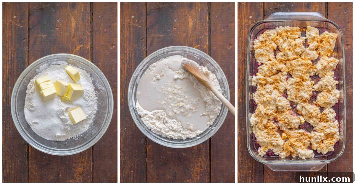 Fireside Cherry Cobbler 5 Collage of making the topping and baking in a pan.