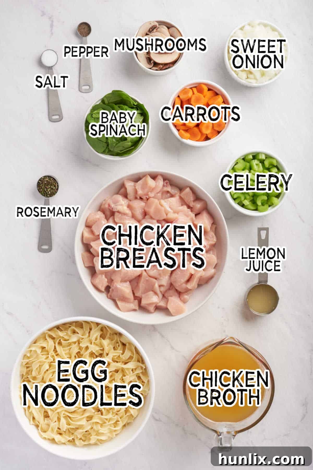 Rosemary chicken noodle soup ingredients.