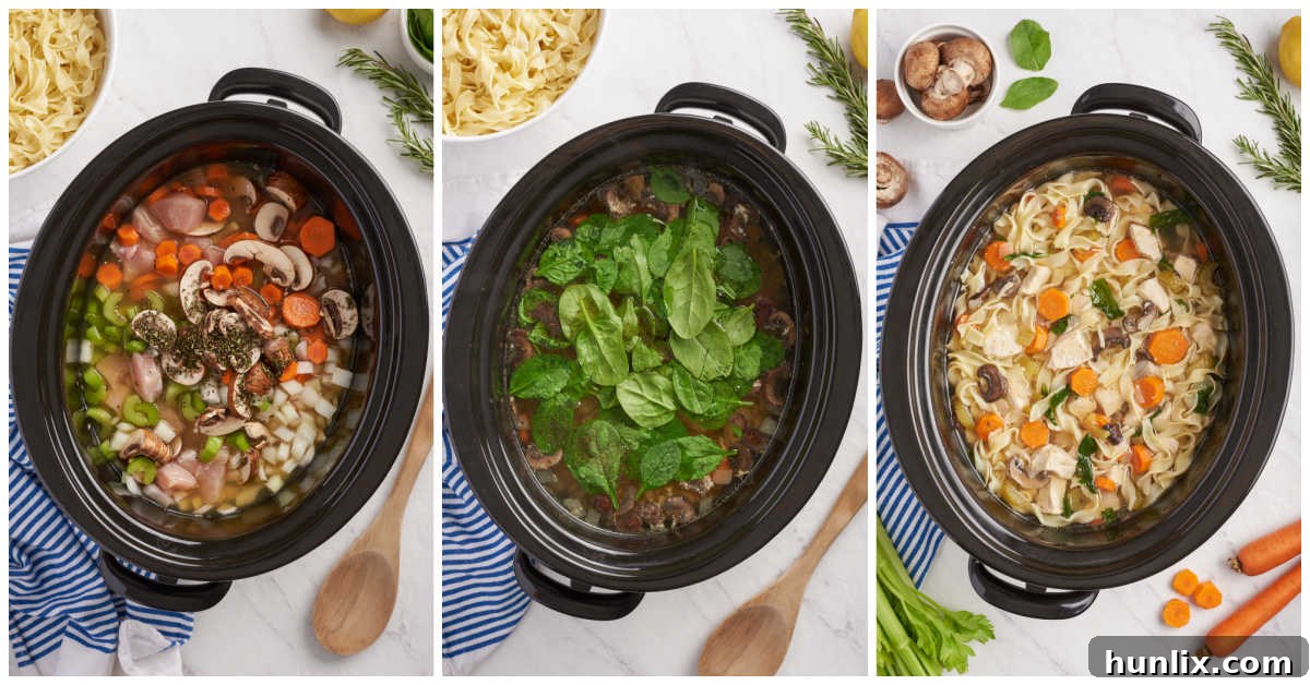 Steps to make rosemary chicken noodle soup.