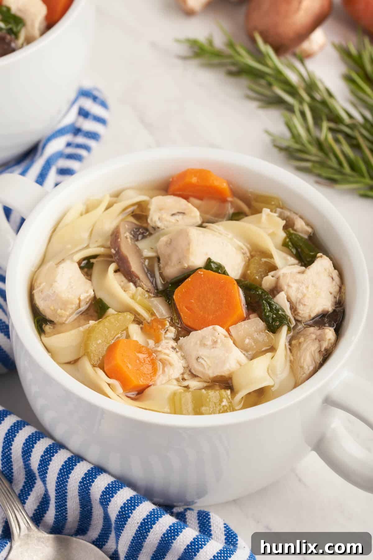 A bowl of rosemary chicken noodle soup.