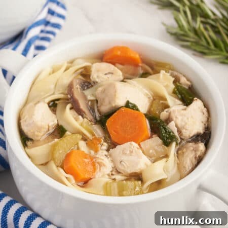 Rosemary Chicken Noodle Soup in a bowl.