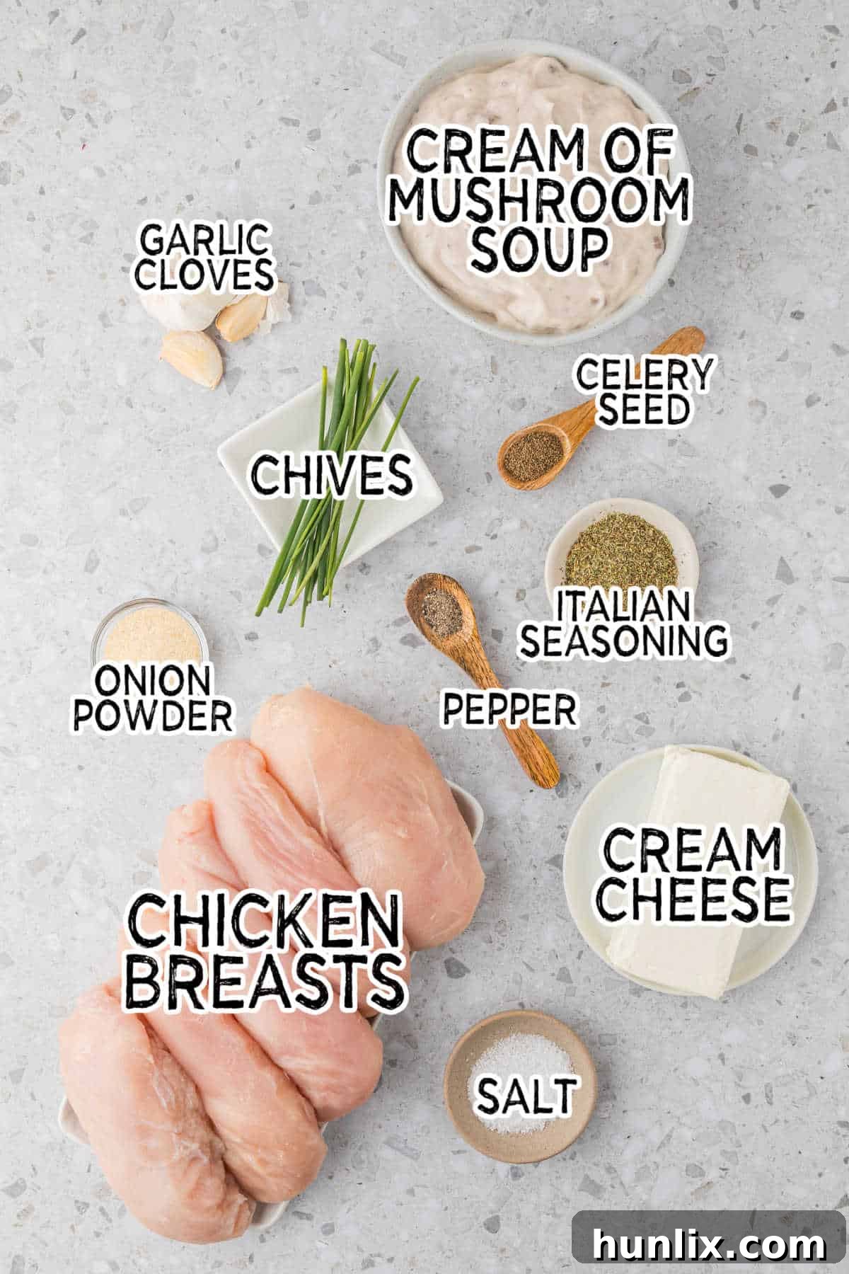 Dreamy Slow Cooker Cream Cheese Chicken 3 Ingredients on a grey background.