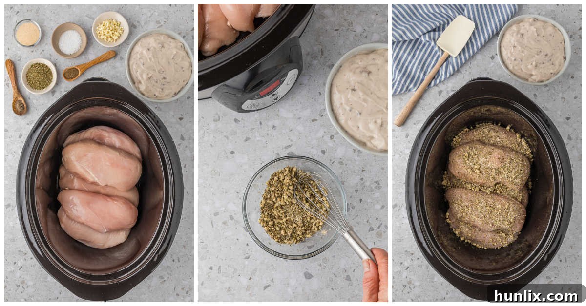 Dreamy Slow Cooker Cream Cheese Chicken 4 Collage of the chicken and spices in a slow cooker.
