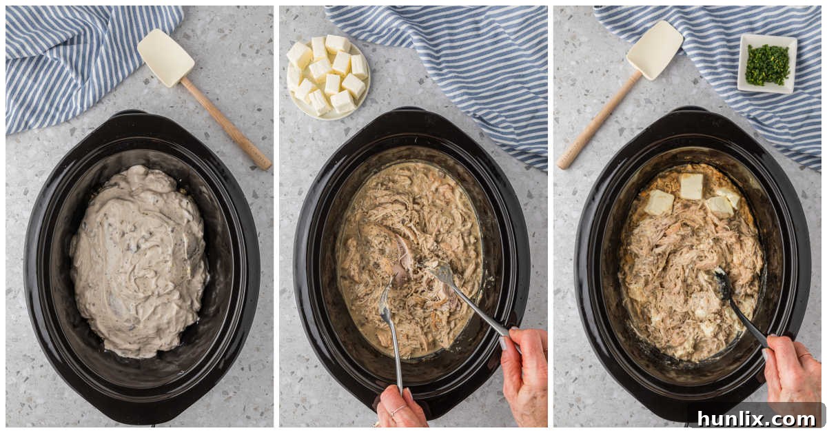 Dreamy Slow Cooker Cream Cheese Chicken 5 Collage of adding the rest of the ingredients to the slow cooker.
