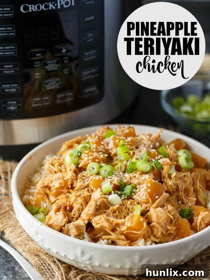 Pineapple Teriyaki Chicken - The easiest Asian-inspired pressure cooker recipe! Tender, juicy shredded chicken cooks to perfection in a sweet and savory homemade teriyaki sauce.