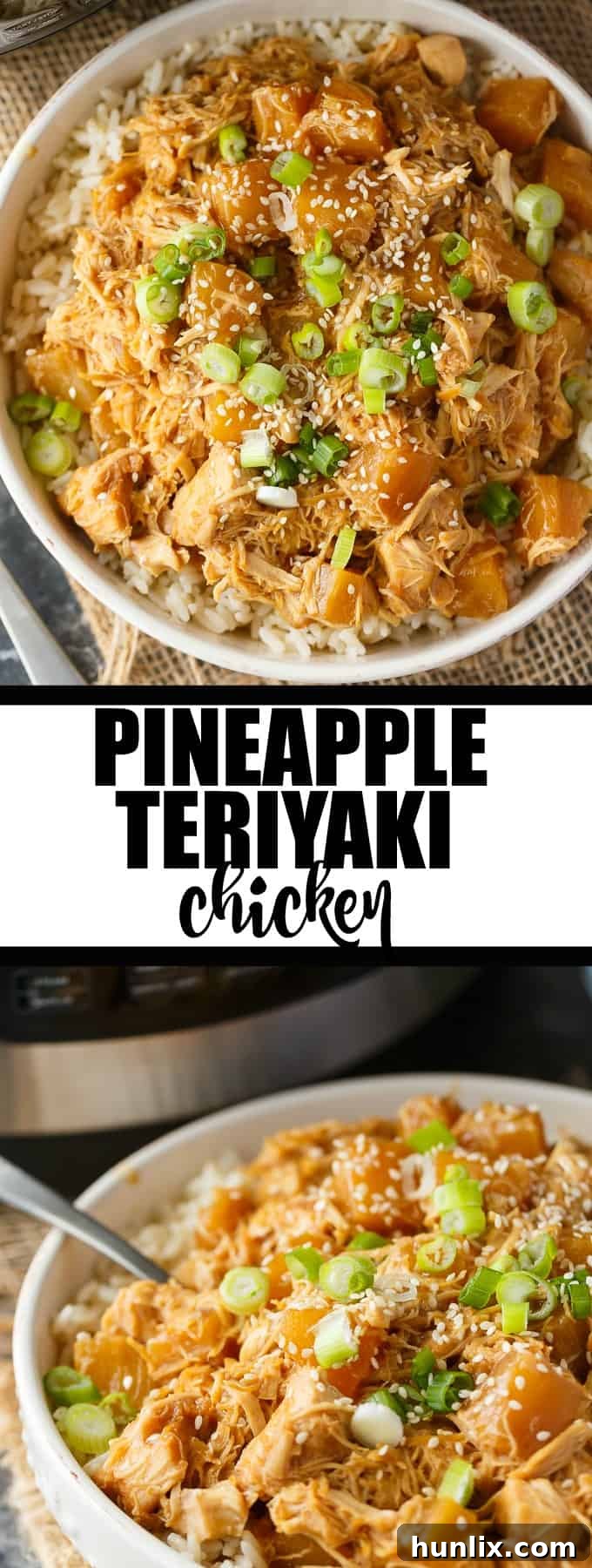 Pineapple Teriyaki Chicken - The easiest Asian-inspired pressure cooker recipe! Tender, juicy shredded chicken cooks to perfection in a sweet and savory homemade teriyaki sauce.