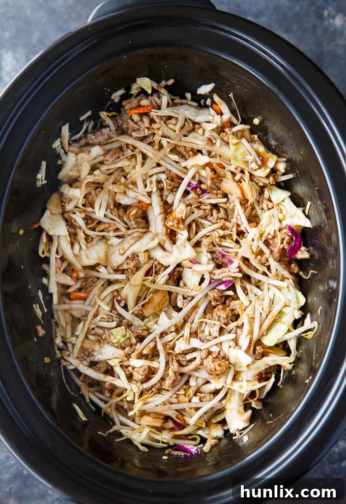 Individual ingredients for Egg Roll in a Bowl, including cooked ground pork, coleslaw mix, soy sauce, hoisin, and ginger, prepped for easy assembly.