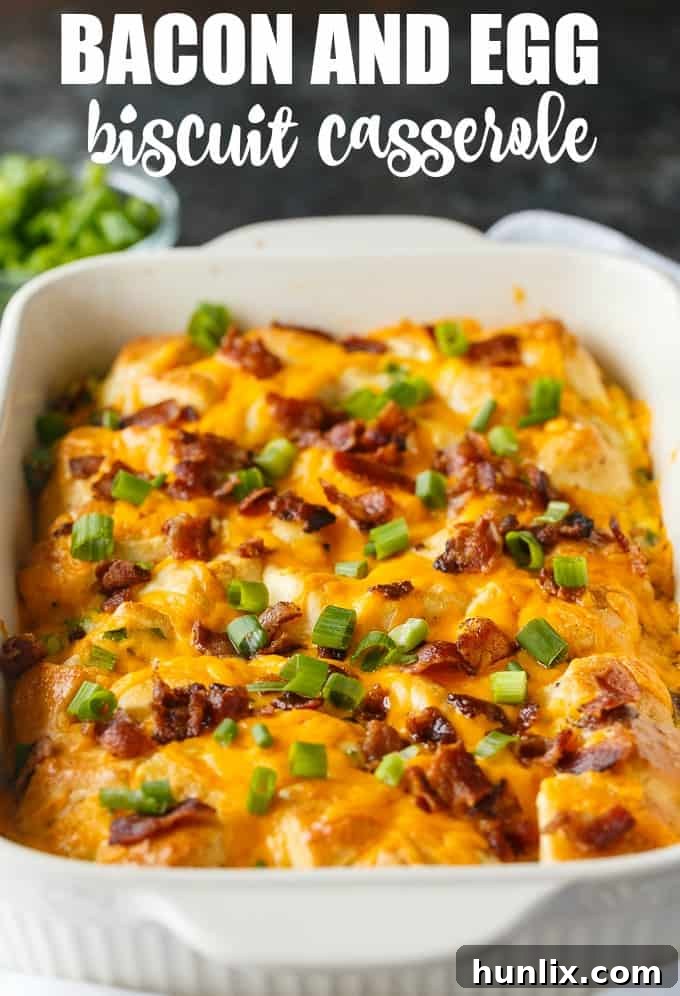 Bacon and Egg Biscuit Casserole with text overlay promoting the recipe and its ease of preparation.