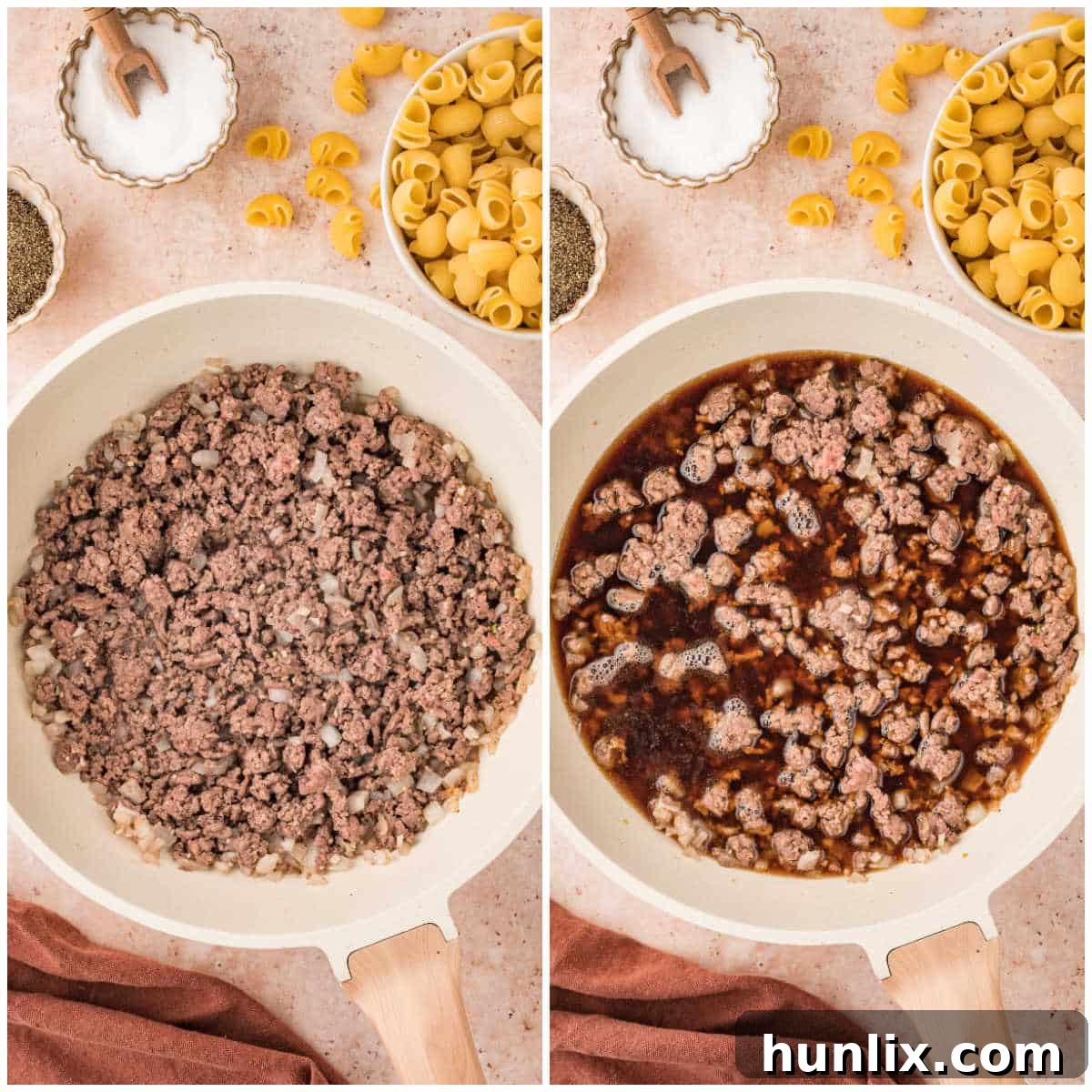 First steps of making goulash, showing ground beef and onions cooking in a skillet.
