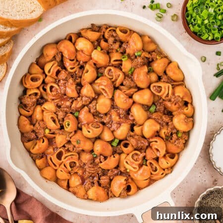 Grandma's goulash in a white pot.