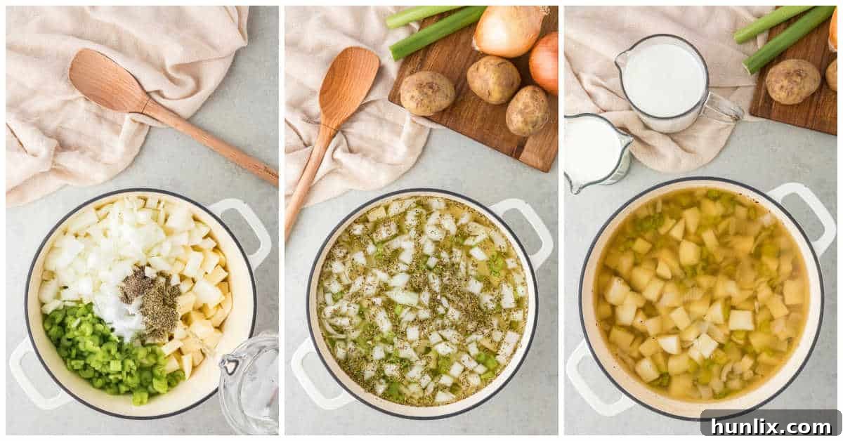A collage showing the initial steps of cooking German potato soup ingredients in a large pot, with vegetables and water simmering.