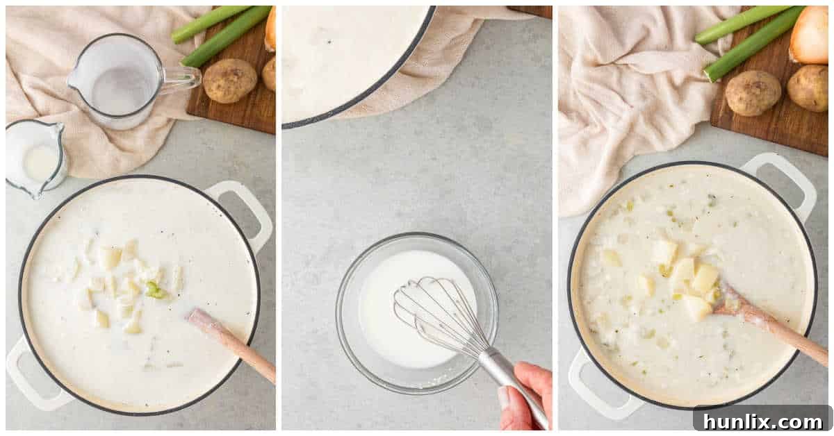 A collage illustrating the step of adding cream to the German potato soup in the pot, creating a richer texture.