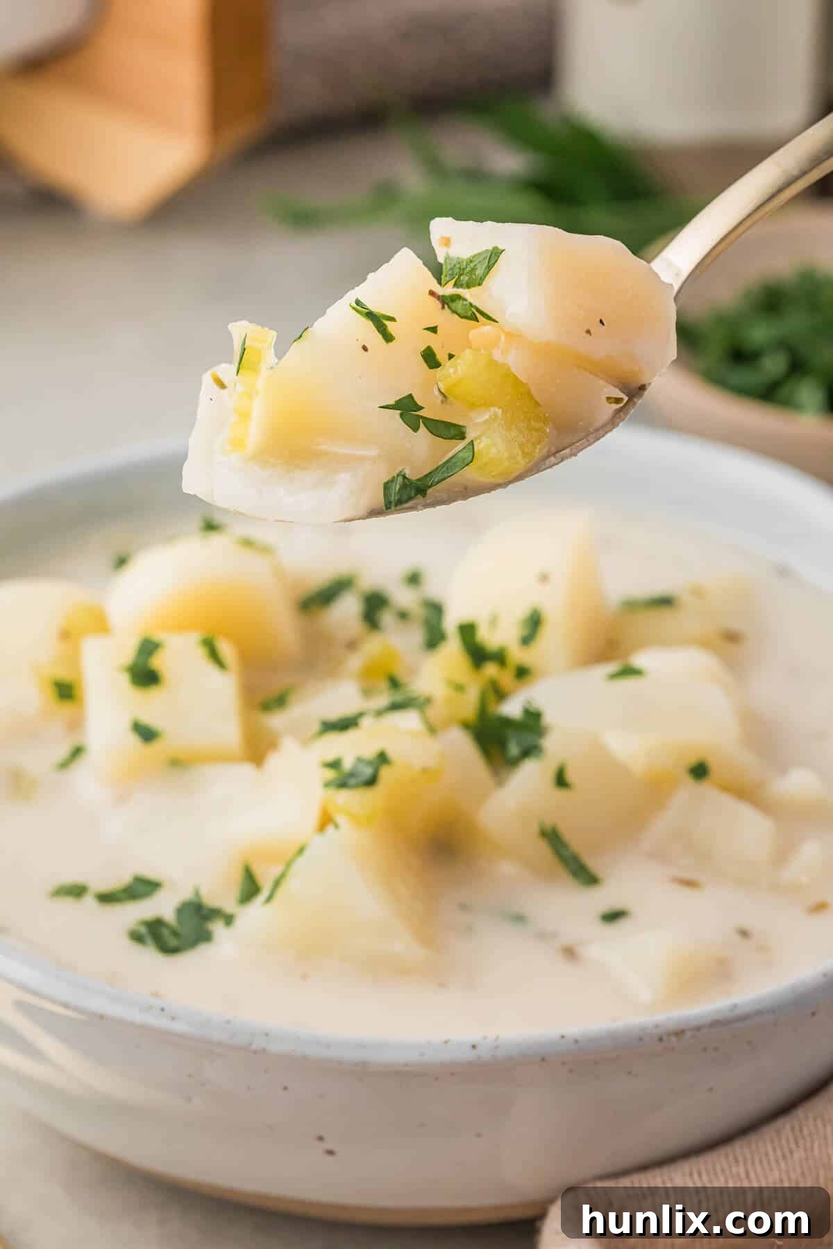 A spoonful of creamy German potato soup being lifted from a white bowl, highlighting its inviting texture.
