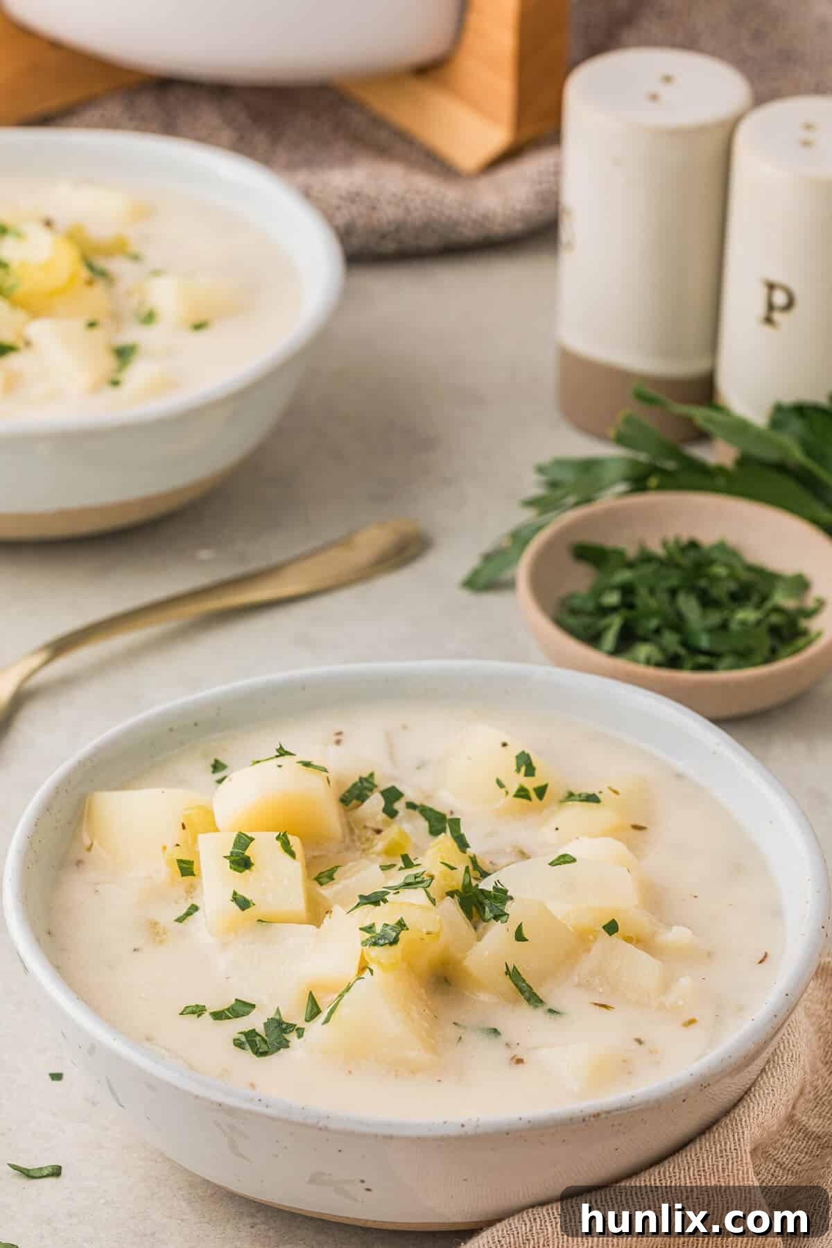 A pristine white bowl filled with creamy German potato soup, garnished lightly, ready to be enjoyed.