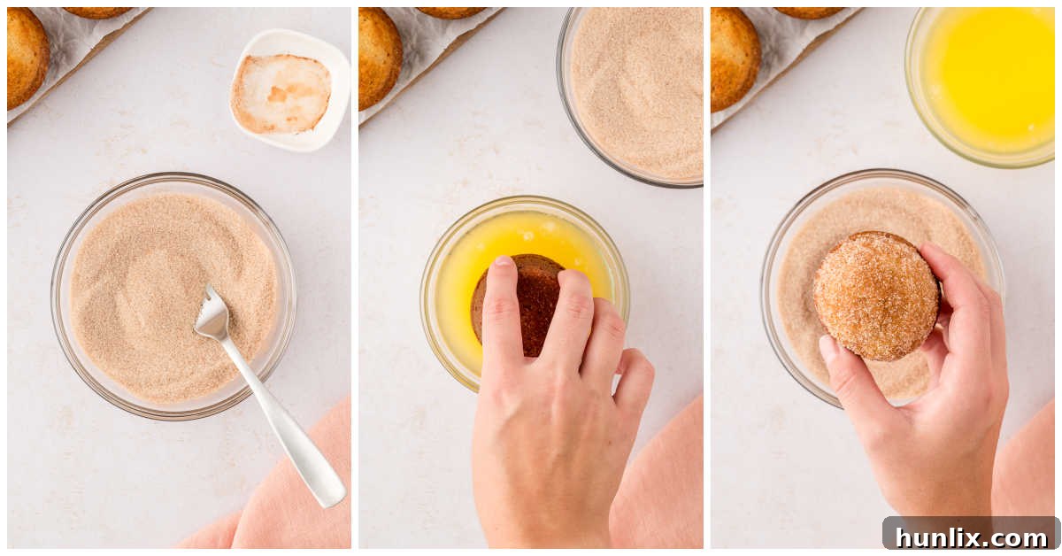 Sweetly Spiced Morning Muffins 6 Muffin tops being dipped in melted butter and then rolled in cinnamon sugar mixture.