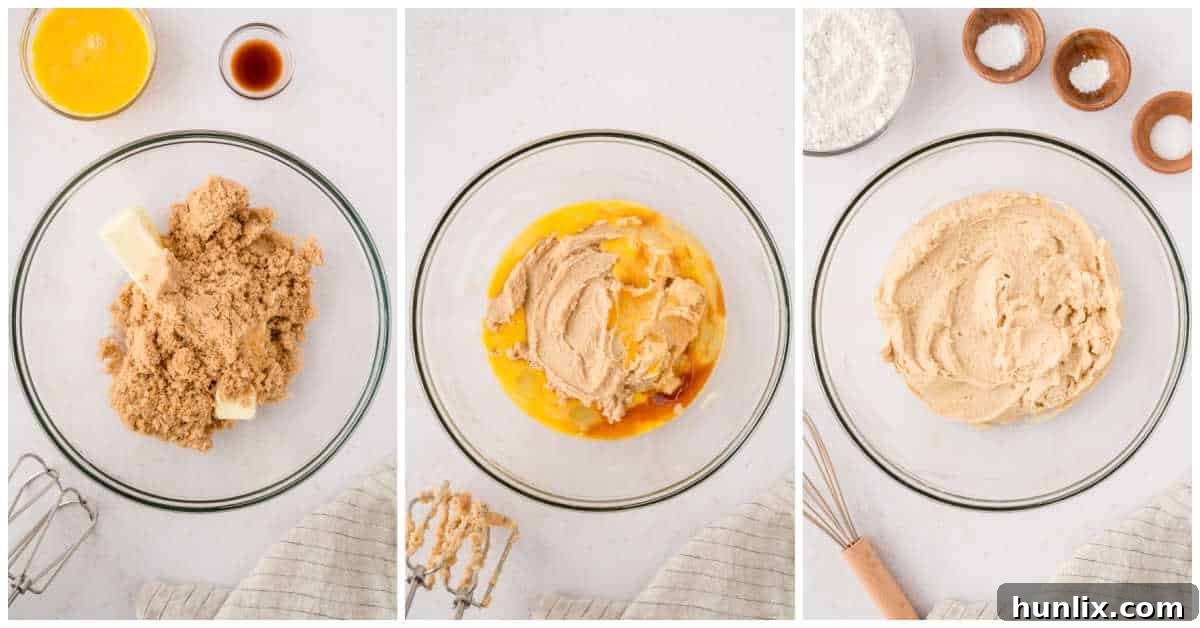 Close-up of butter, brown sugar, eggs, and vanilla being creamed together in a mixing bowl for coconut butterscotch cookies.