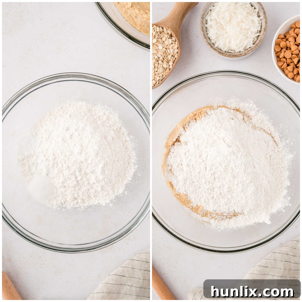 Dry ingredients for coconut butterscotch cookies, including flour, baking soda, baking powder, and salt, being stirred together in a bowl.