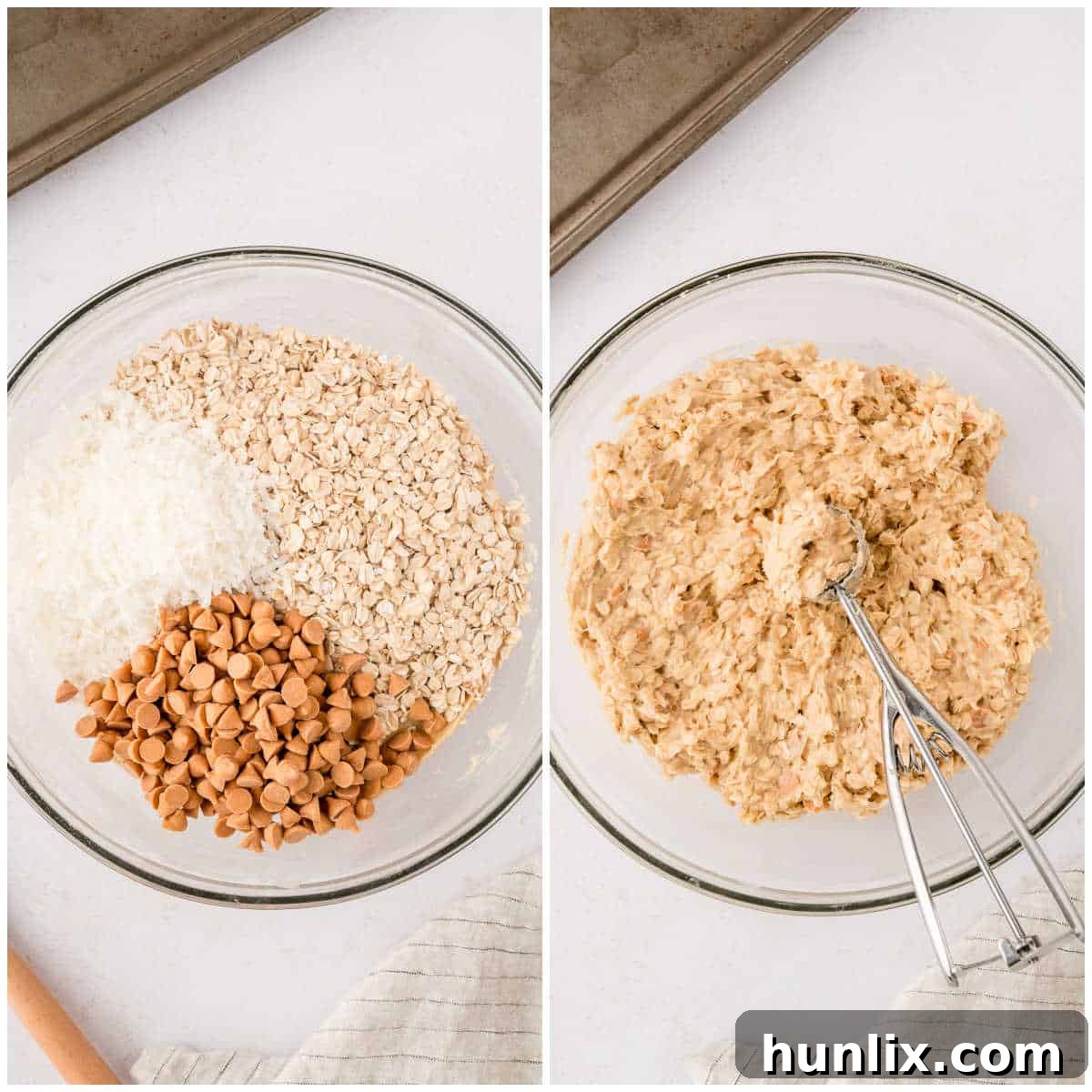 The cookie dough for coconut butterscotch cookies in a bowl with oats, coconut, and butterscotch chips folded in.