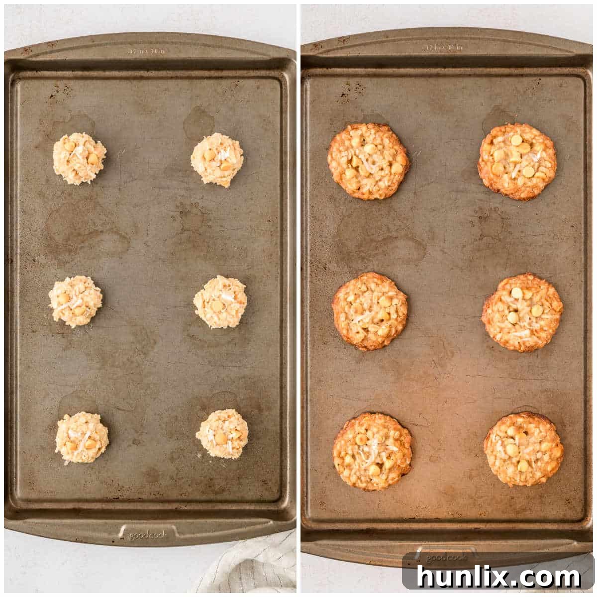 Unbaked coconut butterscotch cookie dough flattened with a fork on an ungreased cookie sheet.