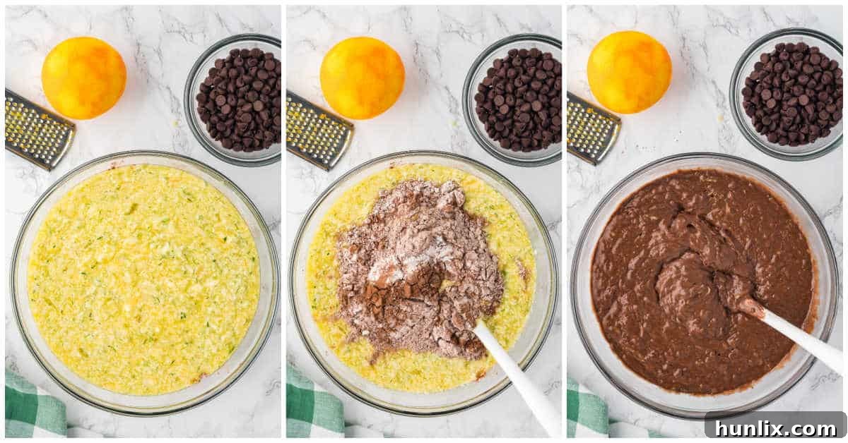 Image showing wet and dry ingredients combined for chocolate zucchini bread.