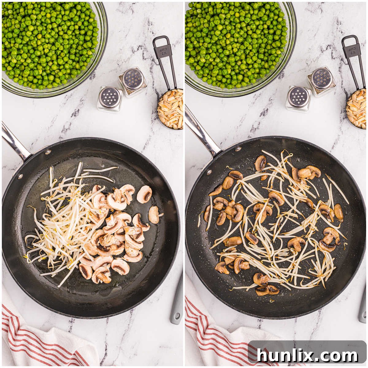 Step-by-step image showing mushrooms and bean sprouts sautéing in a skillet with melted butter.