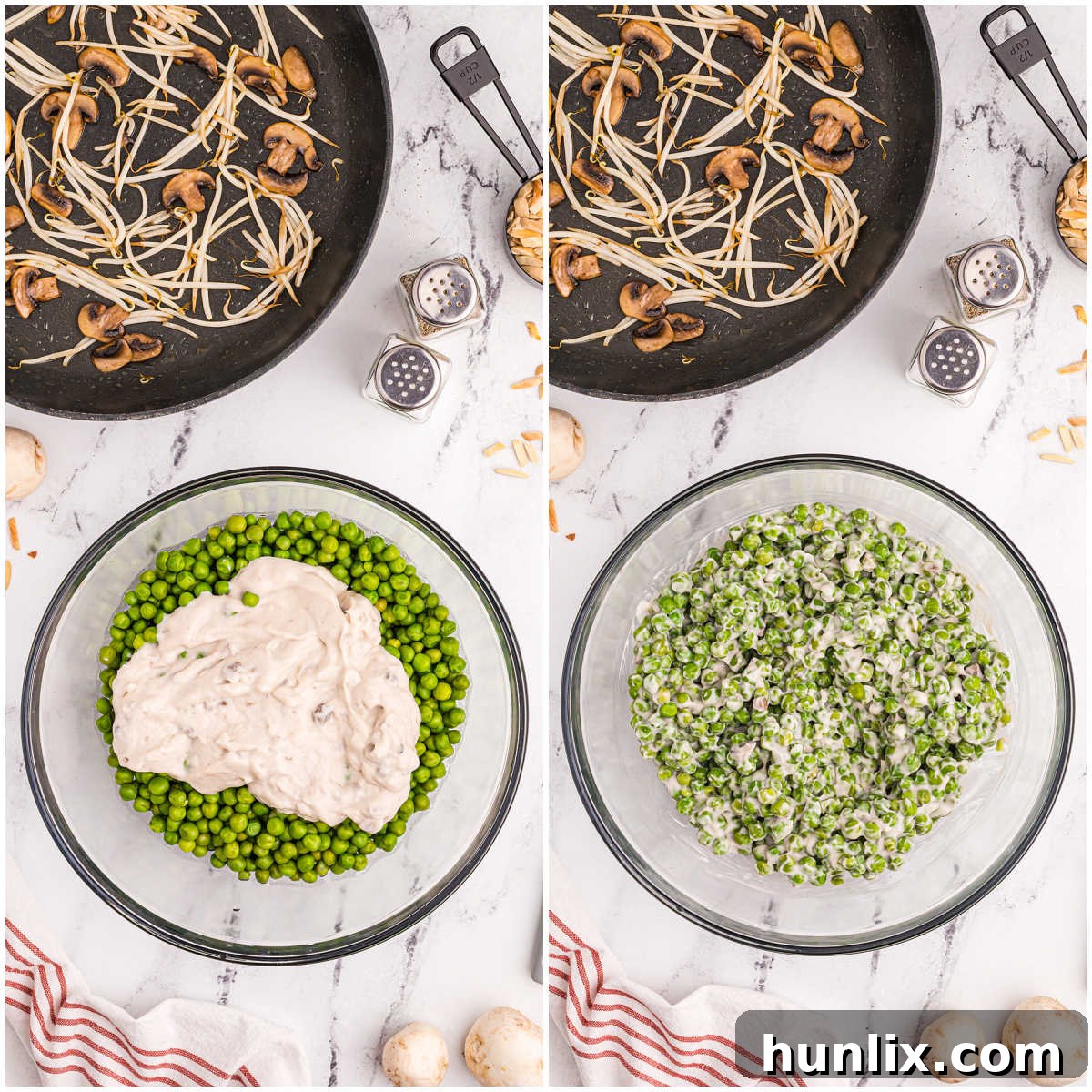 Step-by-step image showing cooked peas being mixed with cream of mushroom soup in a bowl.