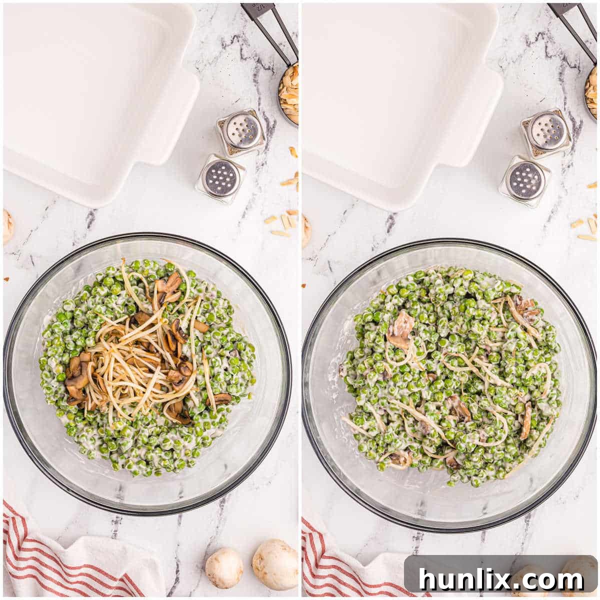 Step-by-step image showing the sautéed mushrooms and bean sprouts being stirred into the pea and soup mixture.