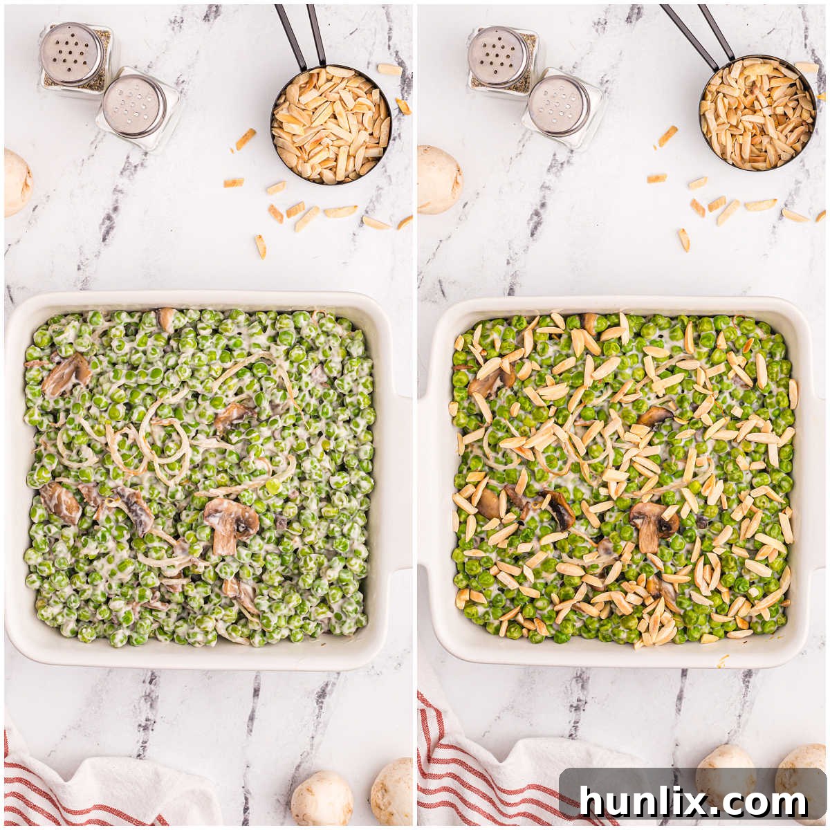Step-by-step image showing the company peas mixture spread into a casserole dish, ready for baking.