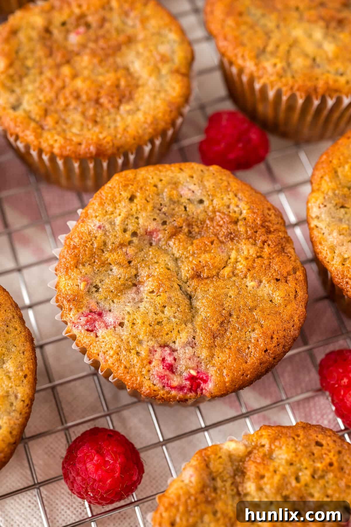 Golden Banana Raspberry Bliss Muffins 2 Golden brown Banana raspberry muffins on a wire rack cooling, with fresh raspberries scattered nearby.