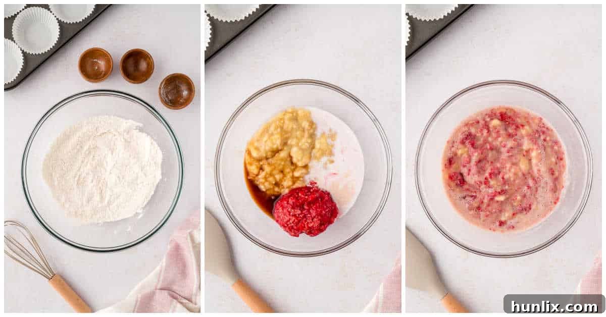 Golden Banana Raspberry Bliss Muffins 4 Dry ingredients in one bowl and mashed banana, raspberry, milk, and vanilla mixture in another bowl, showing the initial steps to make banana raspberry muffins.