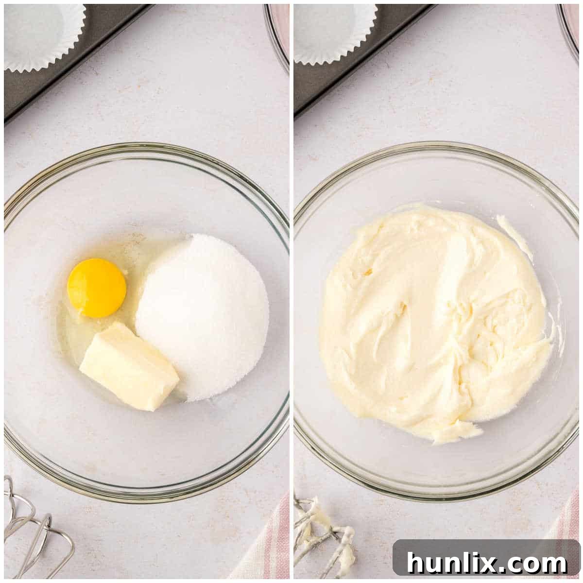 Golden Banana Raspberry Bliss Muffins 5 Creamed butter, sugar, and egg mixture in a large bowl, fluffy and light in color, a key step in preparing the muffin batter.