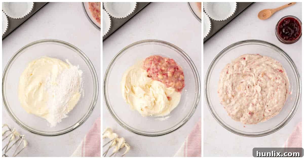 Golden Banana Raspberry Bliss Muffins 6 Muffin batter in a mixing bowl, with some dry and wet ingredients already combined, showing the process of folding the mixtures together gently.