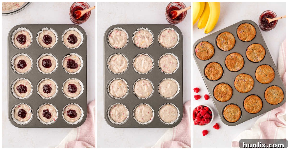 Golden Banana Raspberry Bliss Muffins 7 Muffin tin with paper liners, filled with batter and a dollop of raspberry jam in the center of each, ready for baking.