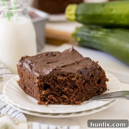 A delectable slice of Chocolate Zucchini Cake on a plate, showcasing its rich texture and chocolate chip topping.