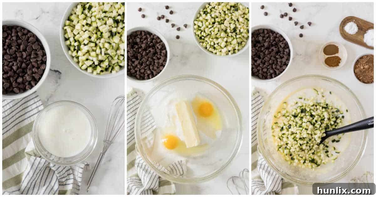 A collage showing the initial steps of mixing wet ingredients for chocolate zucchini cake, including creaming butter, sugar, and eggs, and then adding oil, vanilla, zucchini, and sour milk.