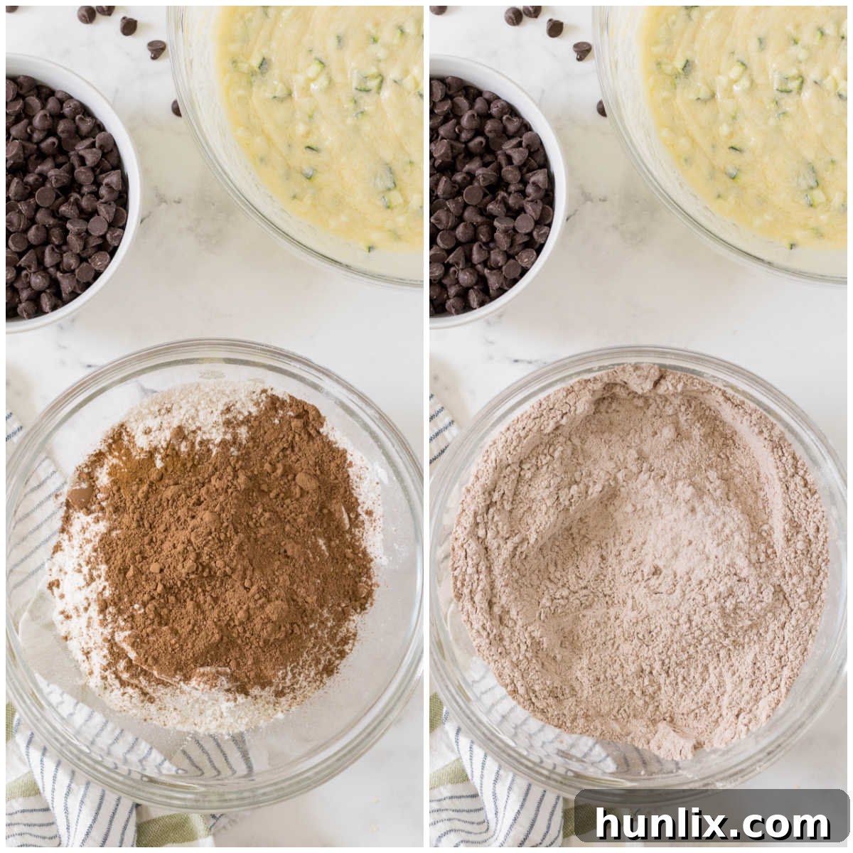 A collage depicting the process of combining dry ingredients for chocolate zucchini cake, including sifting flour, cocoa, baking powder, baking soda, cinnamon, and cloves into a bowl.