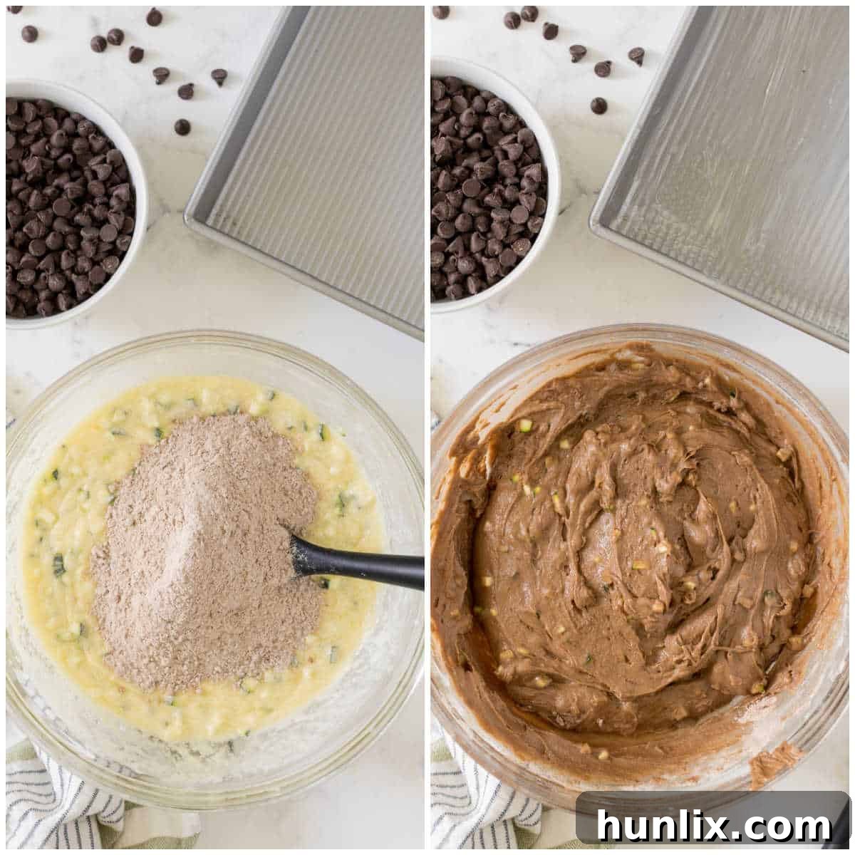 A collage showing the careful process of adding the dry mixture to the wet mixture, ensuring everything is just combined for the chocolate zucchini cake batter.