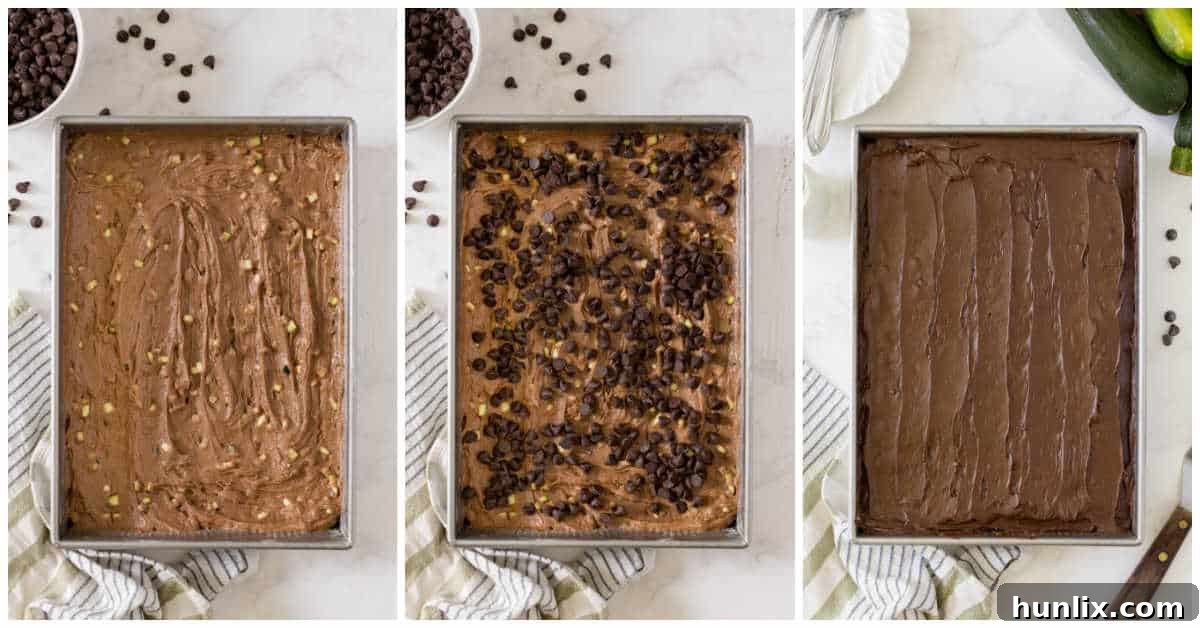 A collage illustrating the final steps of preparing the chocolate zucchini cake, including pouring the batter into the greased pan and sprinkling chocolate chips on top before baking.