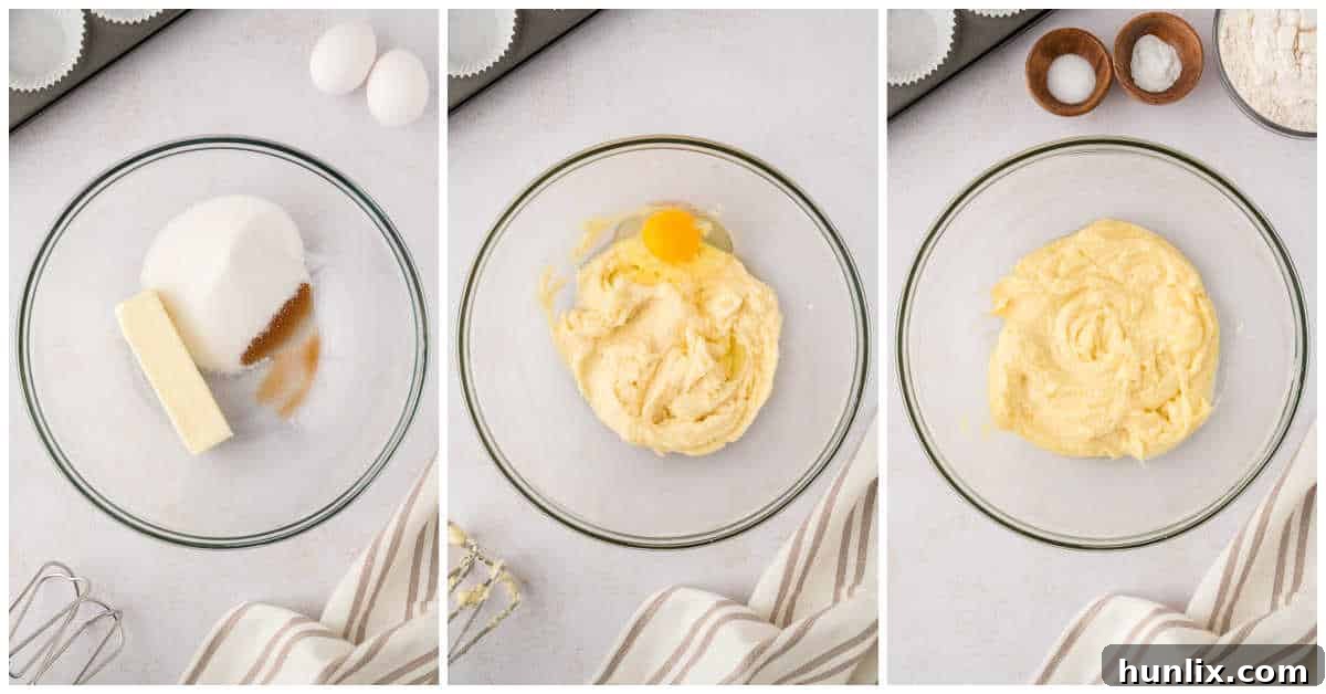 Decadent Banana Chocolate Chip Muffins 4 A collage showing the process of mixing wet ingredients for banana chocolate chip muffins in a large bowl, highlighting the creamy texture.