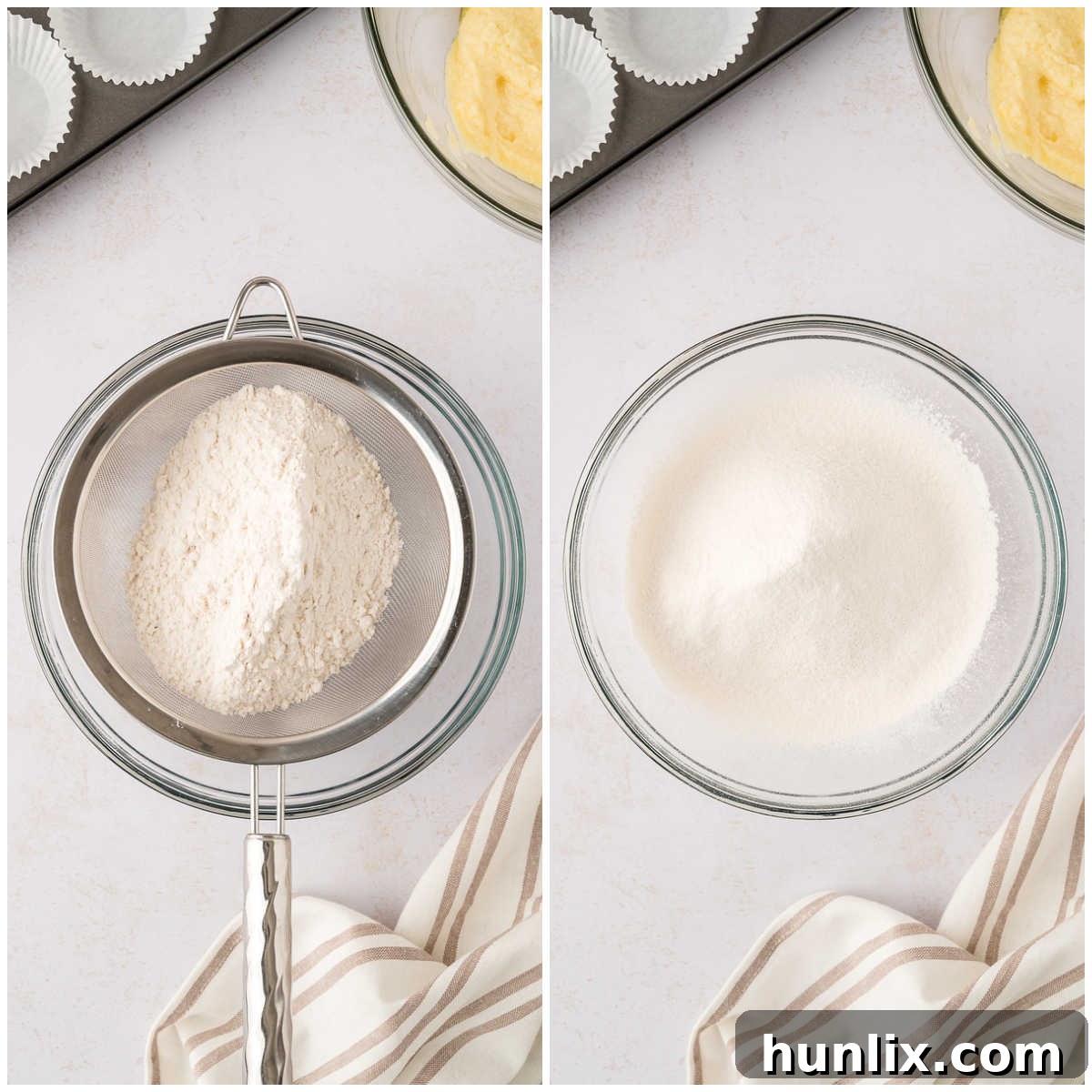Decadent Banana Chocolate Chip Muffins 5 A collage demonstrating the sifting of dry ingredients (flour, salt, baking soda) into a bowl, showing the importance of this step for smooth batter.