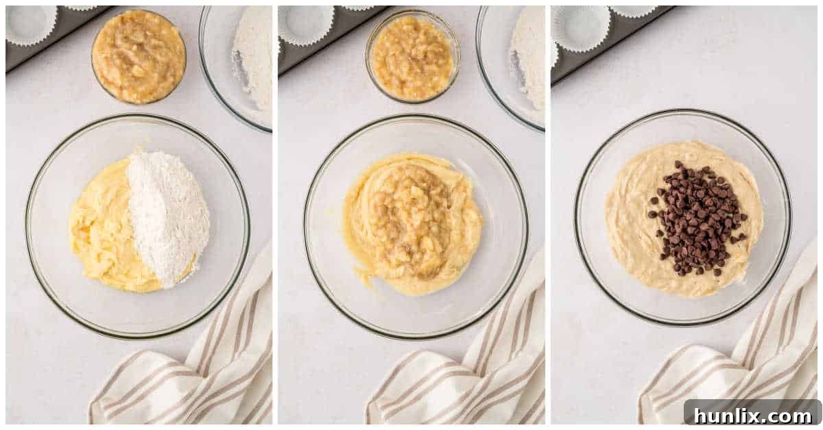 Decadent Banana Chocolate Chip Muffins 6 A collage displaying the final mixing of muffin batter, with mashed bananas and chocolate chips being folded into the wet and dry ingredients.