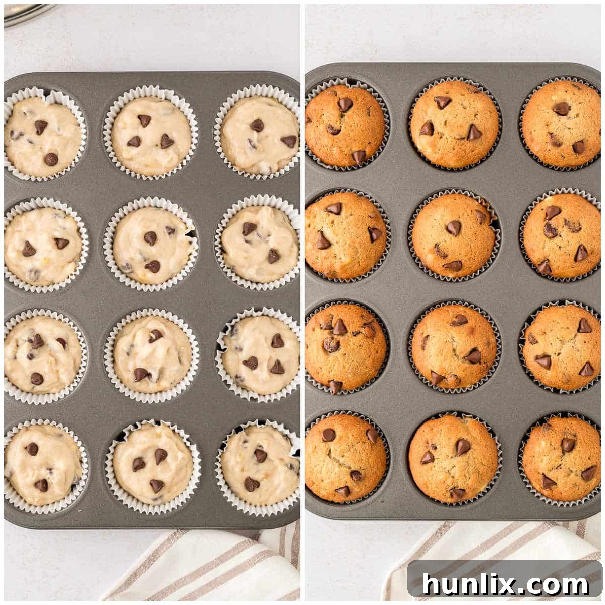 Decadent Banana Chocolate Chip Muffins 7 A collage of muffin batter being spooned into a prepared muffin pan, illustrating the process of filling each cup evenly.