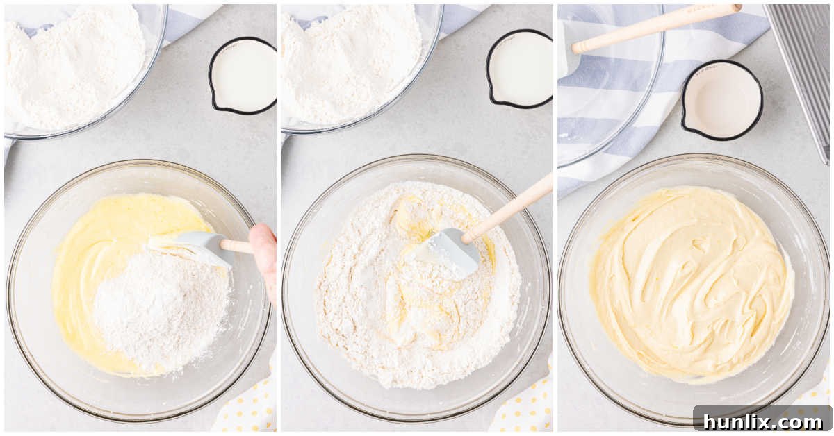 Mixing dry ingredients (flour, baking powder, salt) into the wet batter, alternating with milk.