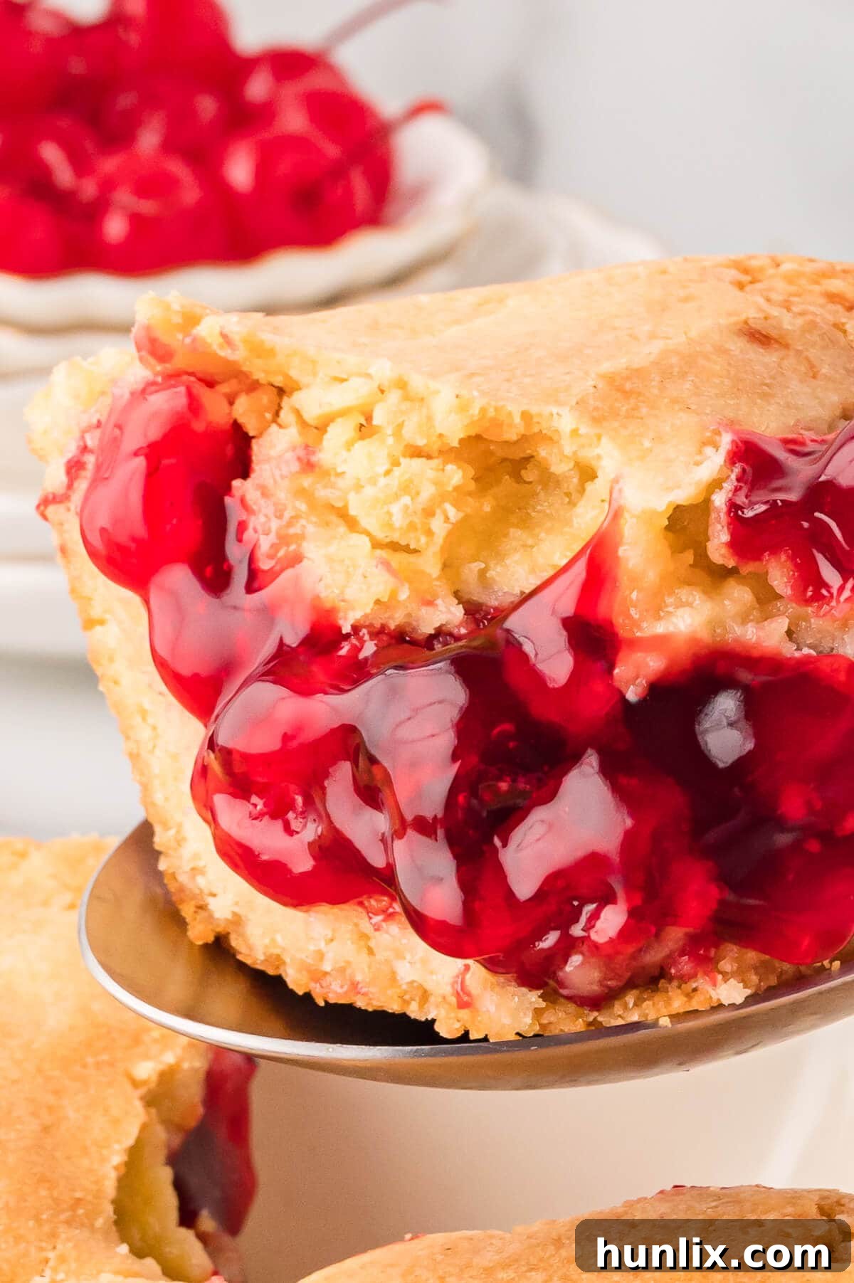 A slice of cherry cake on a serving spoon, showcasing its moist texture and cherry filling.