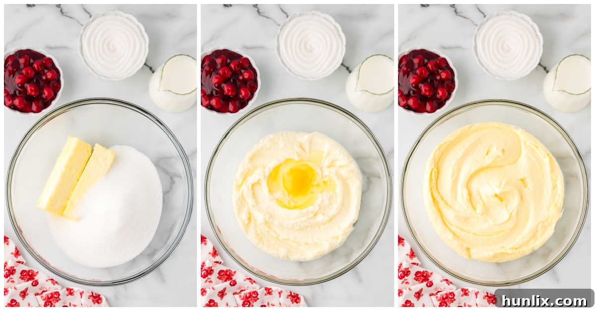 A collage showing the process of making the cake batter in a bowl, with butter, sugar, and eggs being mixed.