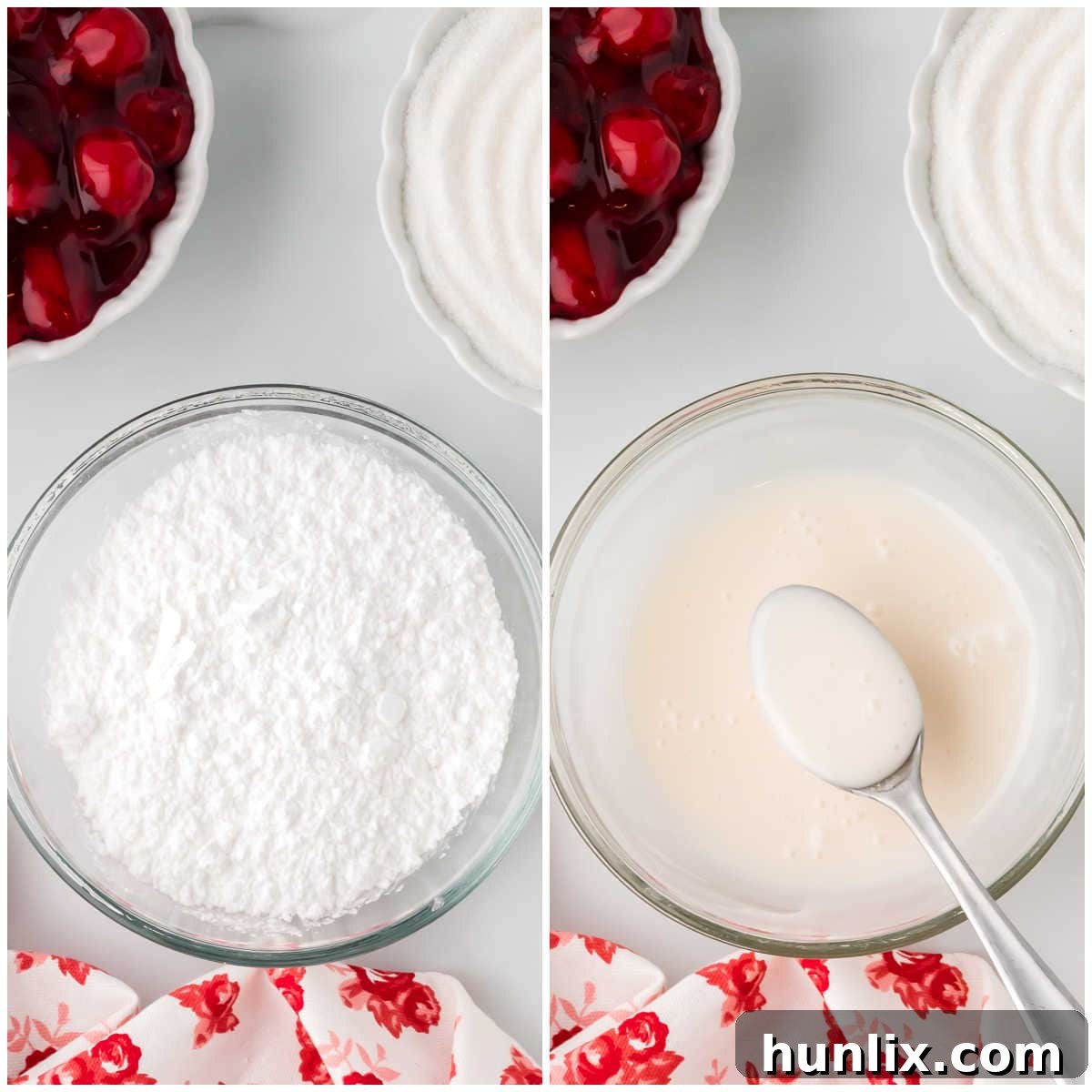 A collage showing the preparation of the vanilla glaze in a small bowl.